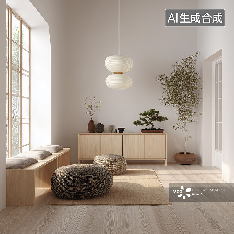 【AI数字艺术】禅风原木极简房间图片素材