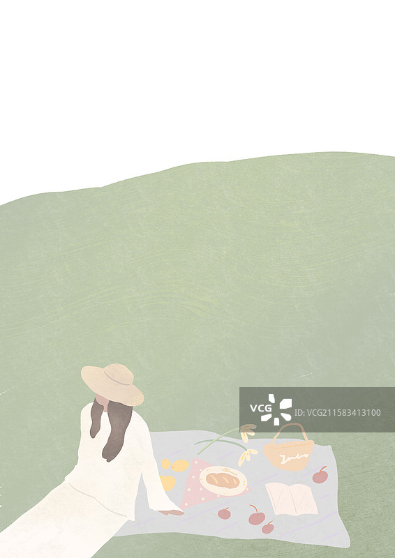 一个人的草坪野餐风景插画图片素材