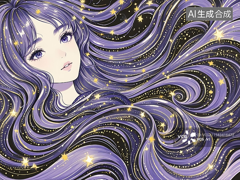 【AI数字艺术】星空紫墨水，噪点，勾勒人体和头发图片素材