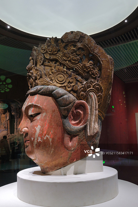 彩绘木雕观音菩萨头像 宋代 中国国家博物馆“中国古代佛造像展”图片素材