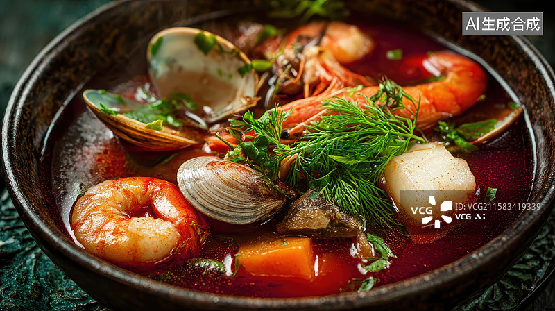 【AI数字艺术】海鲜汤碗，包含虾、蛤蜊和蔬菜图片素材