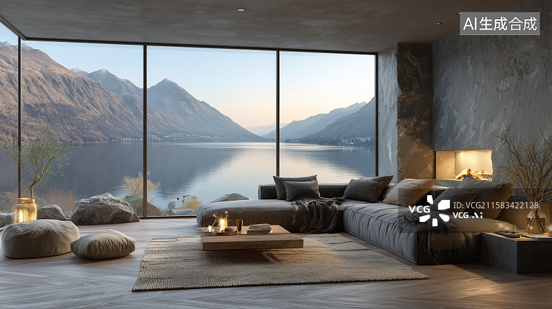 【AI数字艺术】现代客厅与湖景山色相映成趣图片素材
