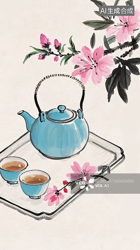 【AI数字艺术】桃枝茶韵图片素材