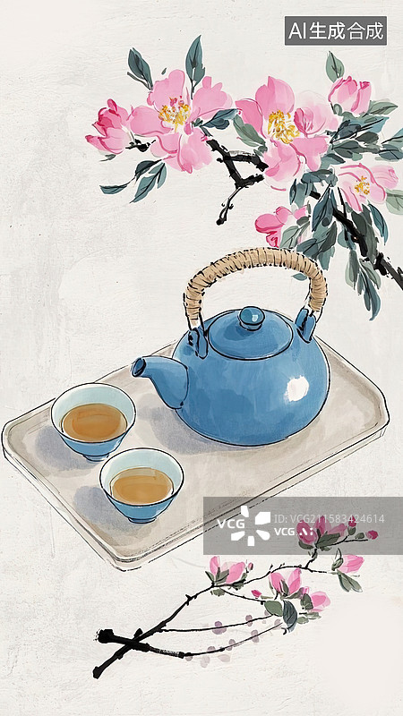 【AI数字艺术】桃枝茶韵图片素材