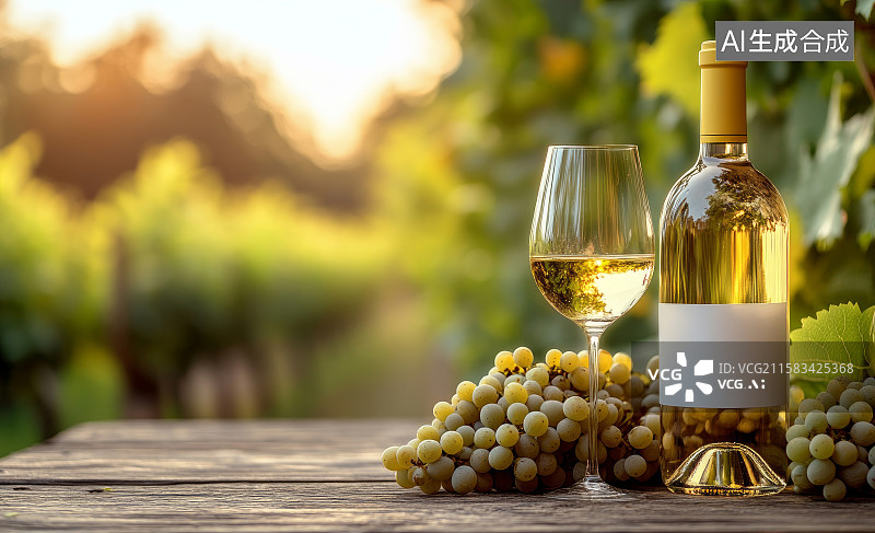【AI数字艺术】木桌上的白葡萄酒与葡萄图片素材