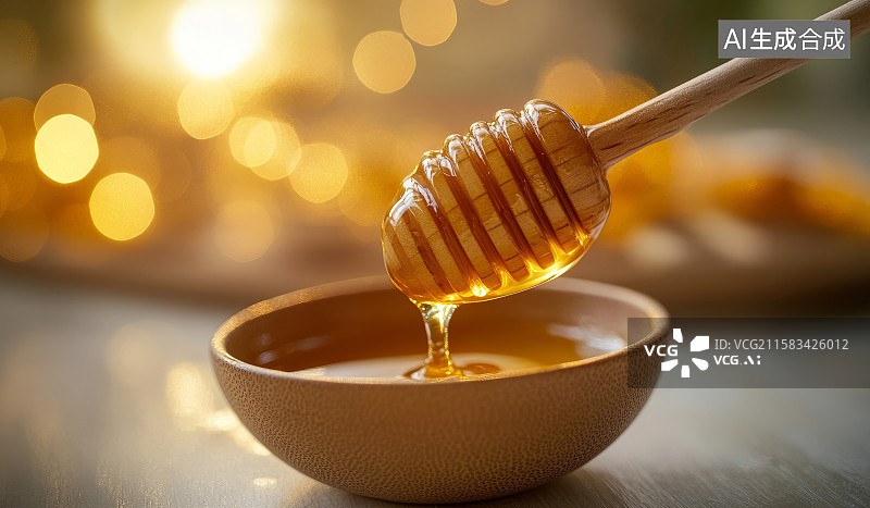【AI数字艺术】蜂蜜从蜂巢棒滴入碗中画面图片素材