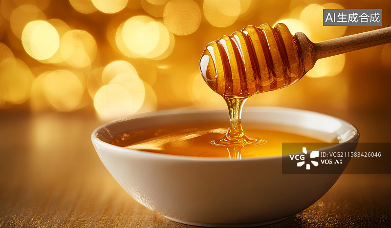 【AI数字艺术】蜂蜜从蜂巢棒滴入碗中画面图片素材