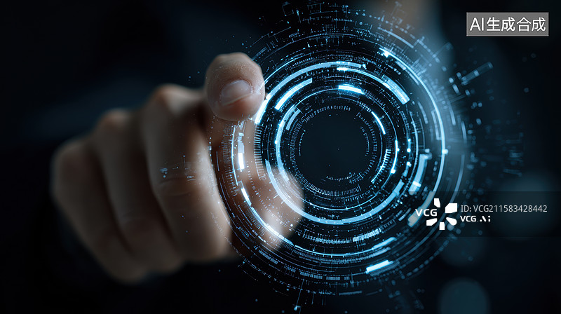 【AI数字艺术】手指触碰未来科技圆形界面图片素材