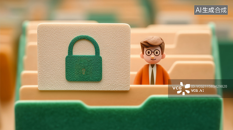 【AI数字艺术】迷你员工看护的带锁保密文件档案的3D插画图片素材