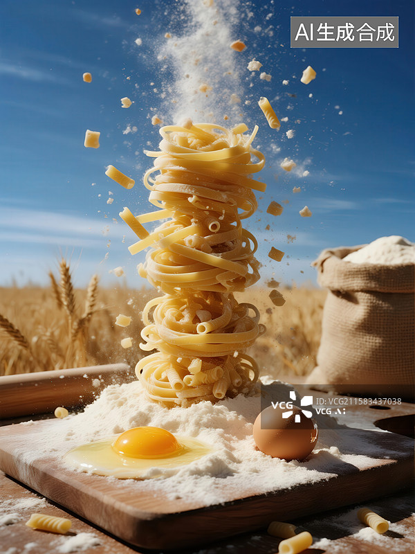 【AI数字艺术】面条堆叠，面粉与鸡蛋环绕图片素材