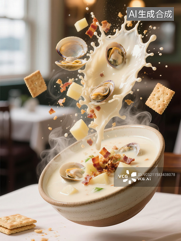 【AI数字艺术】奶油蛤蜊汤飞溅瞬间图片素材