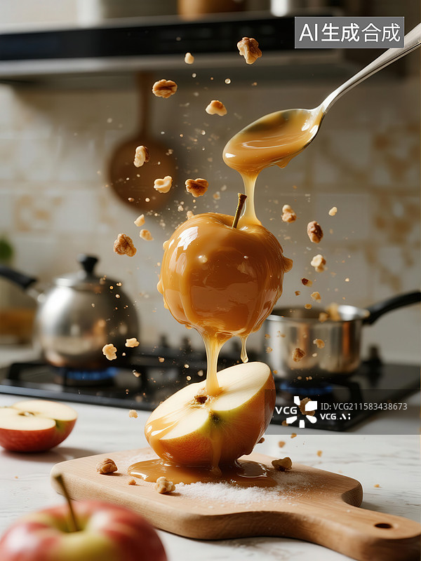 【AI数字艺术】焦糖苹果滴落瞬间图片素材