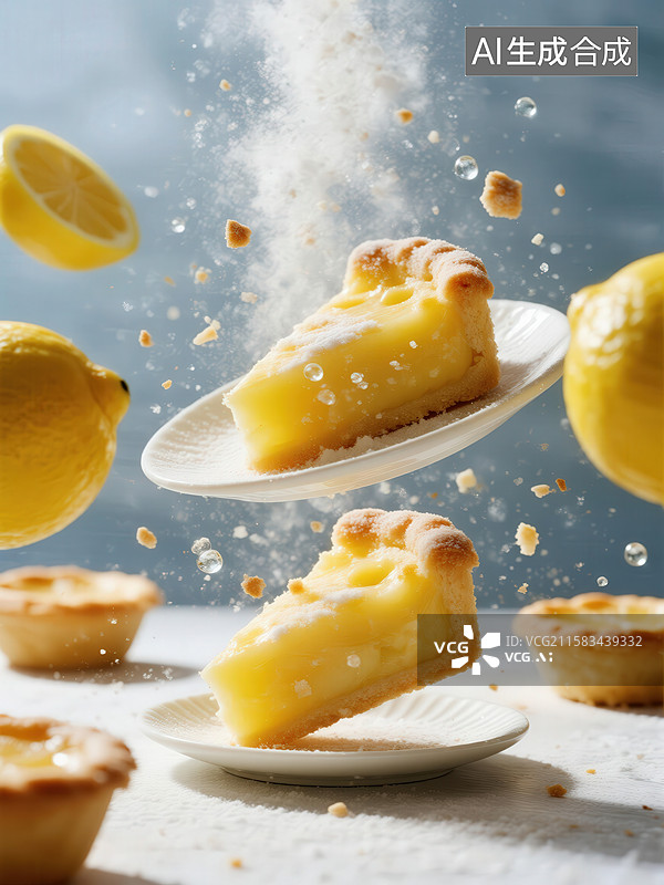 【AI数字艺术】柠檬挞飞溅瞬间，清新美味图片素材