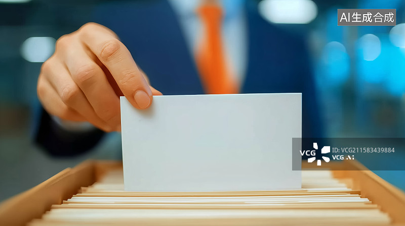 【AI数字艺术】一位商务人士从文件中拿出空白卡片的信息展示背景模板图片素材