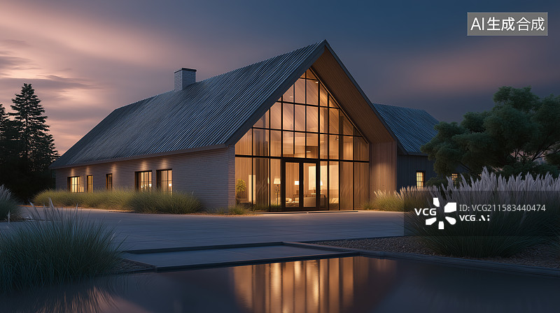【AI数字艺术】夕阳下的木屋别墅与空旷广场图片素材
