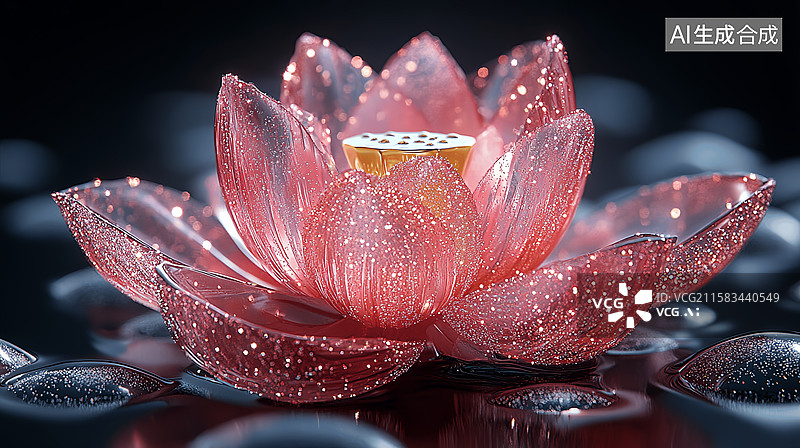 【AI数字艺术】闪亮粉色水晶荷花意境夏至节气海报图片素材