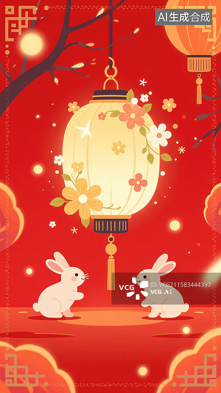 【AI数字艺术】中秋佳节两只可爱兔子与装饰灯笼图片素材