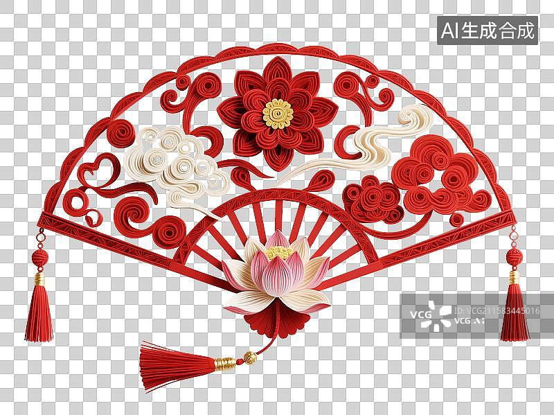 【AI数字艺术】喜庆春节中式国风新年双喜婚庆扇子折扇元素图片素材
