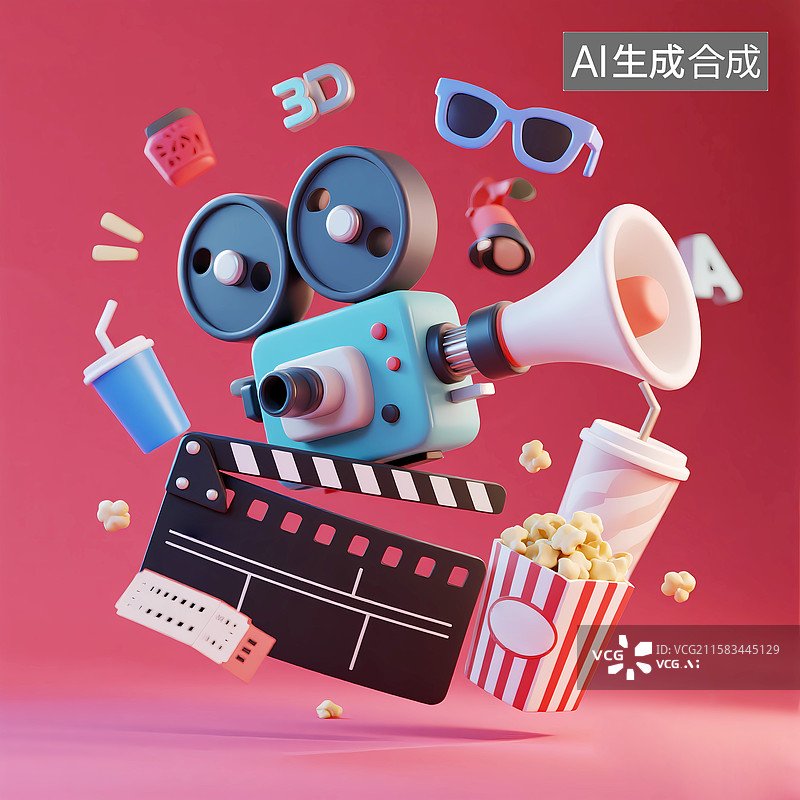 【AI数字艺术】卡通3d场记板电影摄像机影视图标图片素材