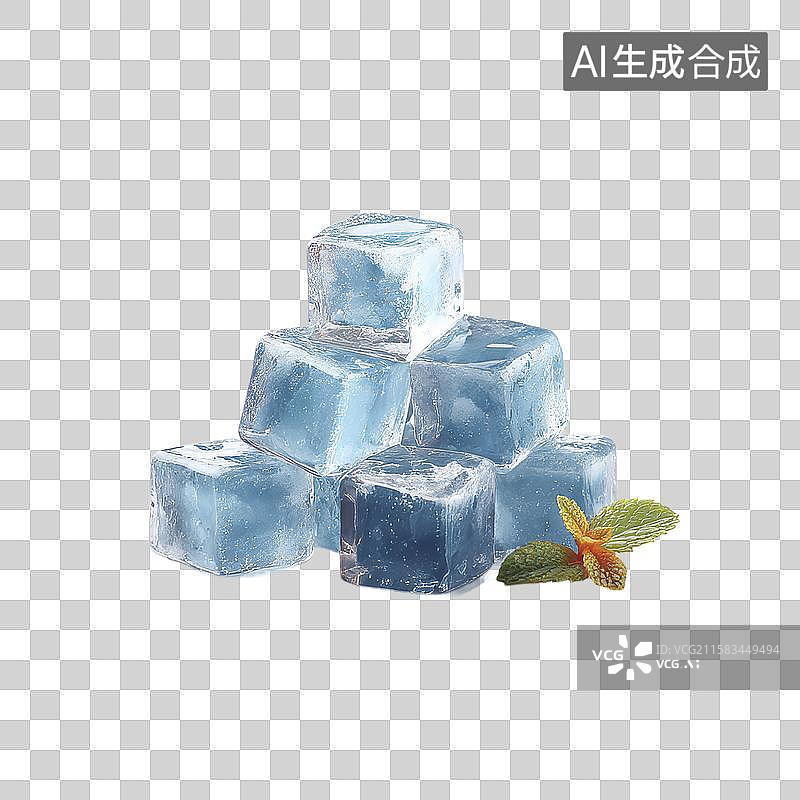 【AI数字艺术】[免抠PNG素材]透明蓝色冰块与新鲜薄荷叶的组合图片素材