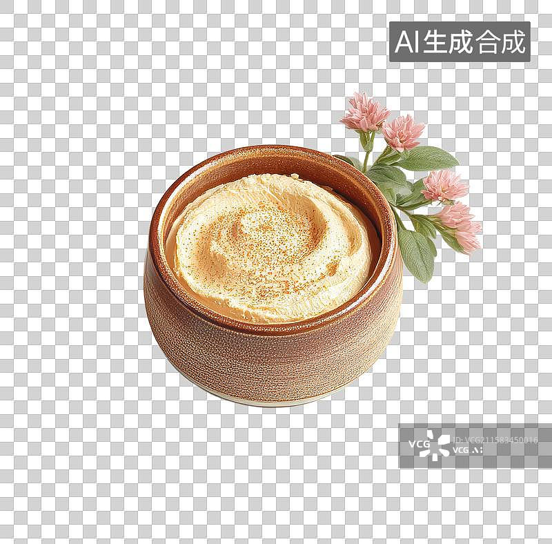 【AI数字艺术】[免抠PNG素材]棕色陶瓷碗中的奶油黄鹰嘴豆泥配粉花图片素材