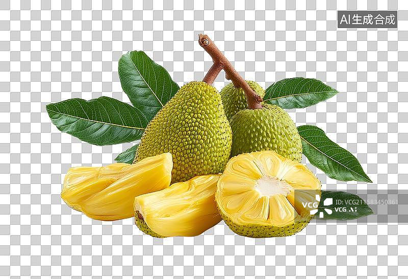 【AI数字艺术】[免抠PNG素材]带绿叶的新鲜菠萝蜜与切开的果肉图片素材
