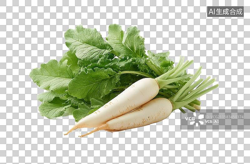 【AI数字艺术】[免抠PNG素材]新鲜白萝卜带绿叶的特写图片素材