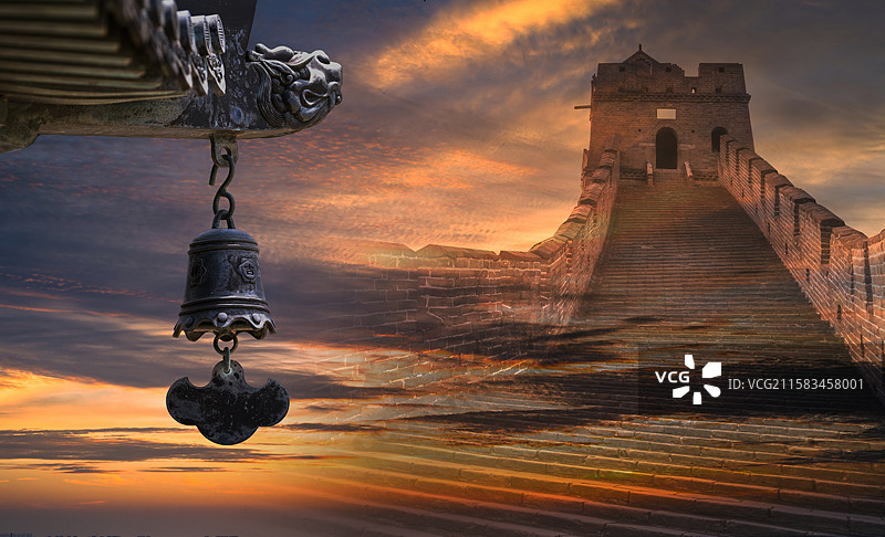 风铃与长城纪念抗日战争胜利八十周年主题创意摄影图片素材