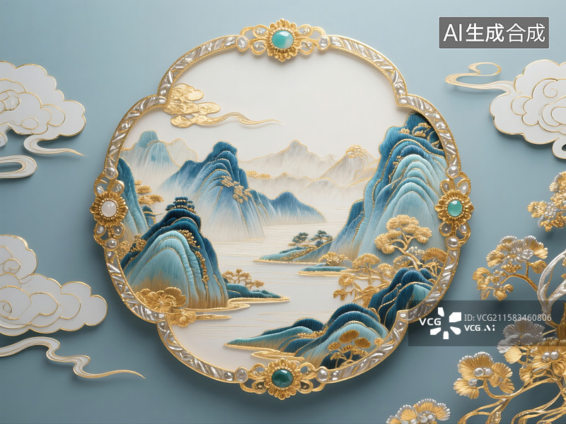 【AI数字艺术】刺绣珠宝山水画图片素材