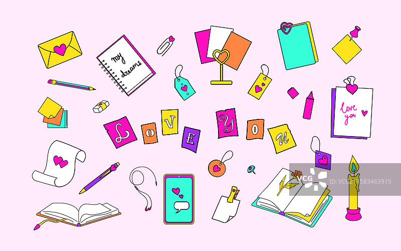 爱情主题文具套装，女孩的秘密笔记图片素材