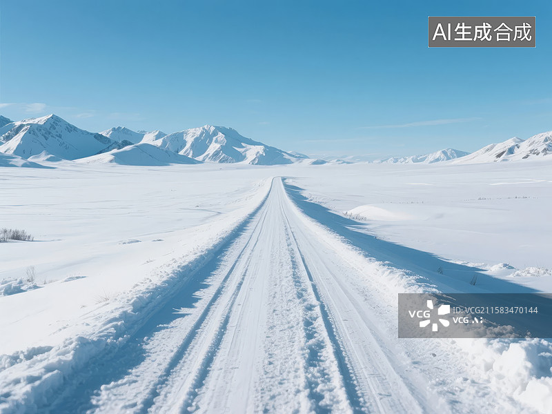 【AI数字艺术】雪地上的车辙延伸至远方山脉图片素材