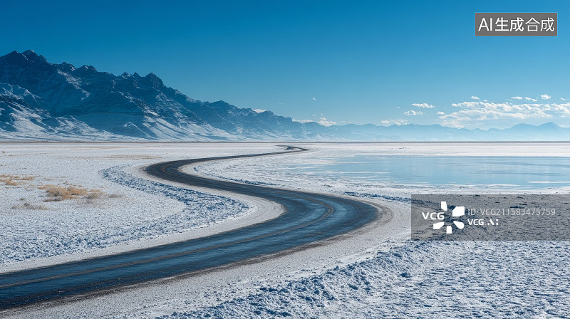 【AI数字艺术】雪山盐湖公路背景图片素材