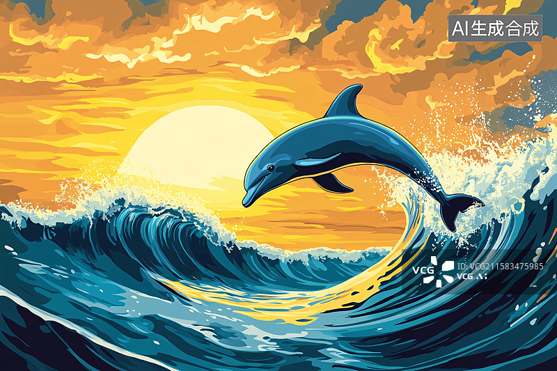 【AI数字艺术】跃浪海豚与落日美景插画图片素材