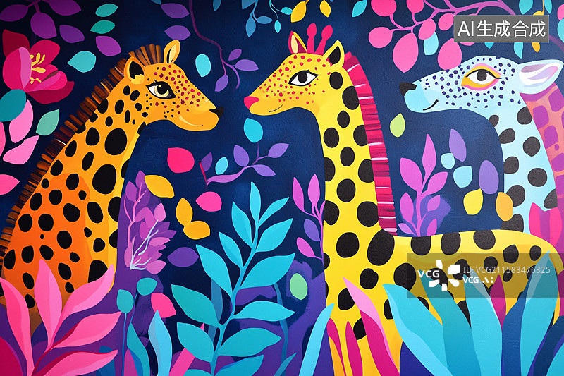 【AI数字艺术】多彩长颈鹿丛林插画图片素材