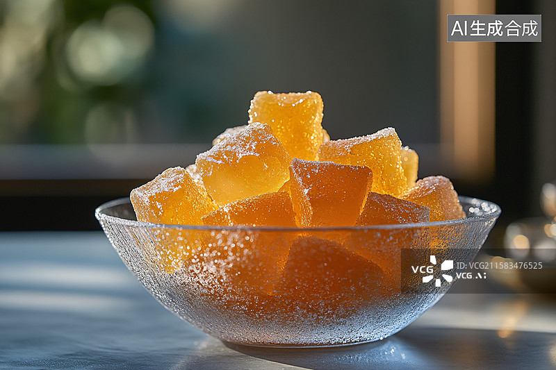 【AI数字艺术】玻璃碗中的糖渍橙味软糖图片素材