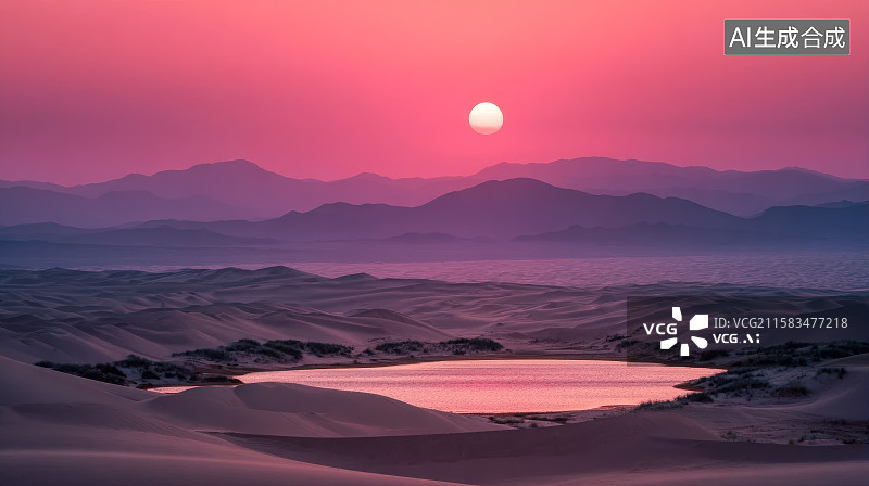 【AI数字艺术】红色沙漠落日，沙漠中说湖泊图片素材