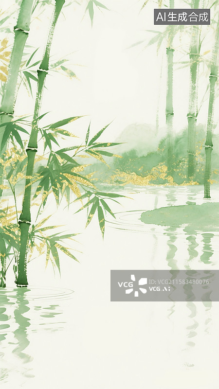 【AI数字艺术】中国风水彩画竹林插画 水边的竹子金箔水彩装饰画 竖版图片素材