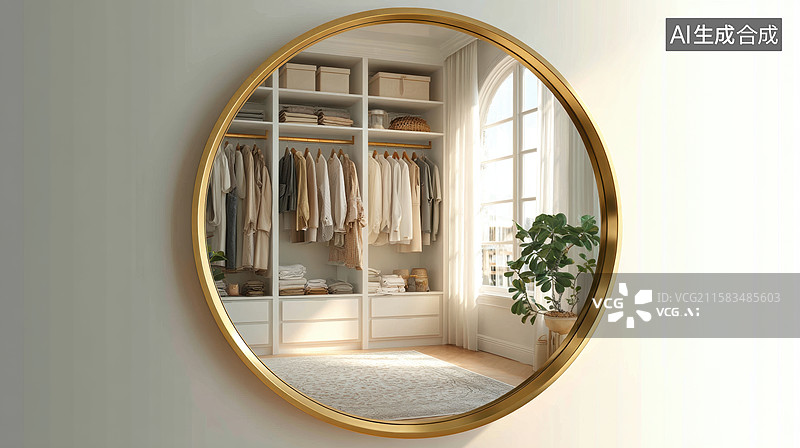 【AI数字艺术】圆形镜子映射的衣帽间图片素材