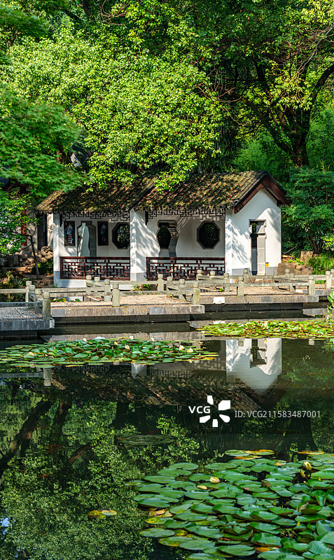 江苏苏州昆山亭林园夏日自然景观玉峰牌坊建筑池塘倒影图片素材