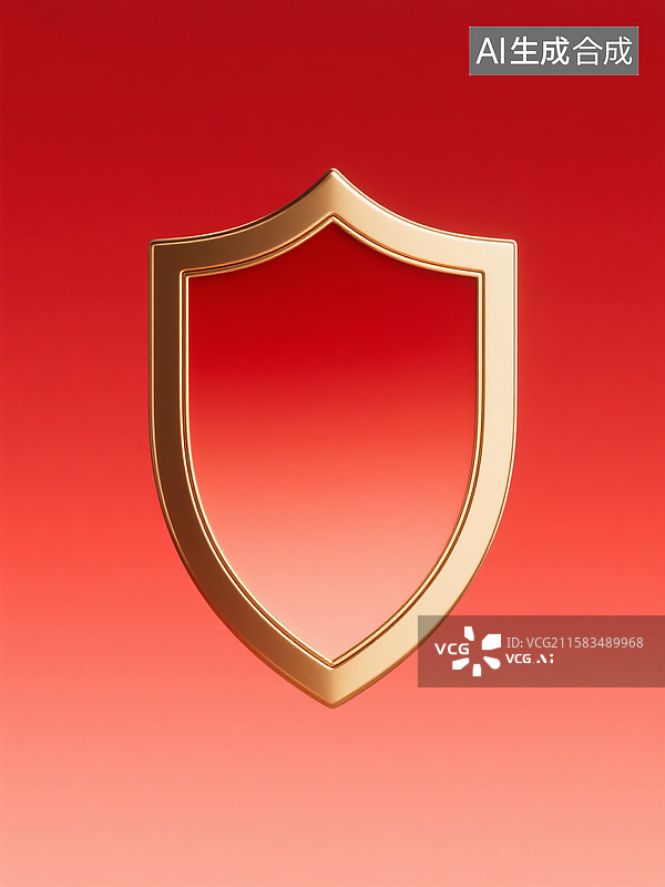 【AI数字艺术】极简风格黄金材质渐变盾牌与纯红背景画面图片素材