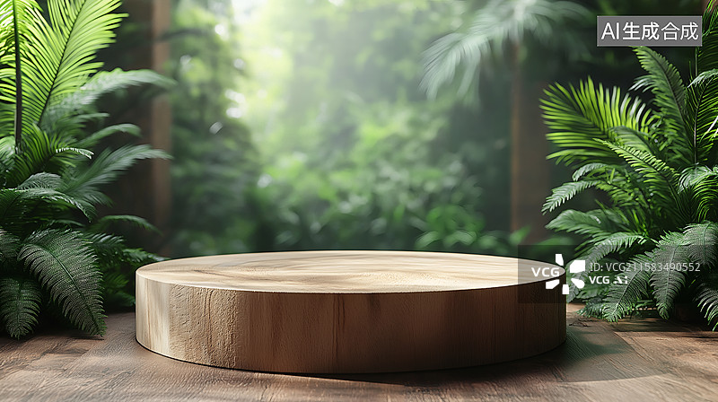 【AI数字艺术】丛林中的木质展示台图片素材