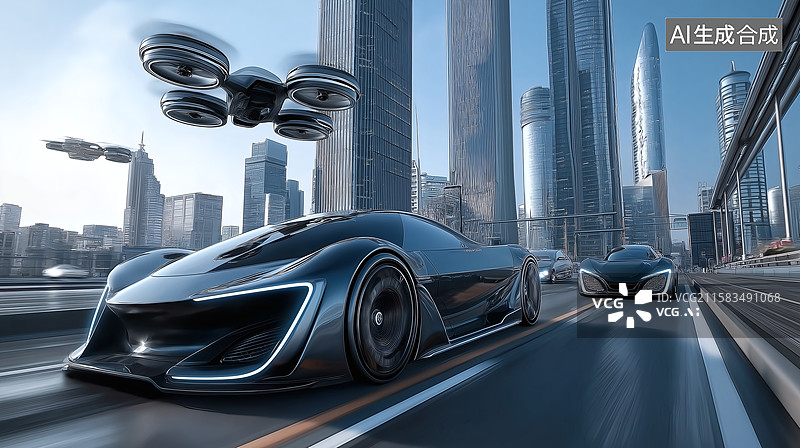 【AI数字艺术】未来都市：自动驾驶汽车与空中飞行器图片素材