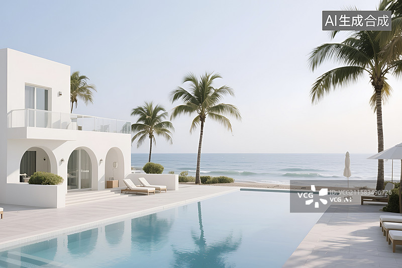 【AI数字艺术】海滨白色别墅与泳池景观图片素材