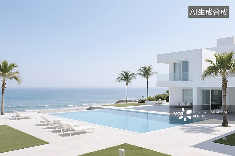 【AI数字艺术】海滨白色别墅与泳池景观图片素材
