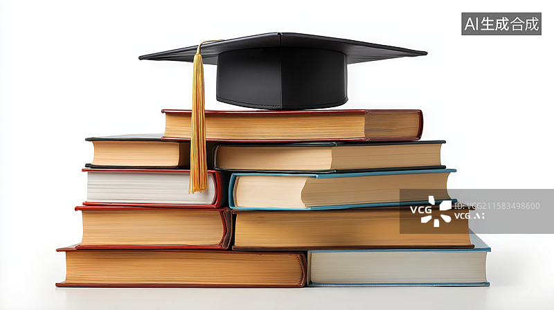 【AI数字艺术】毕业帽置于书堆之上图片素材