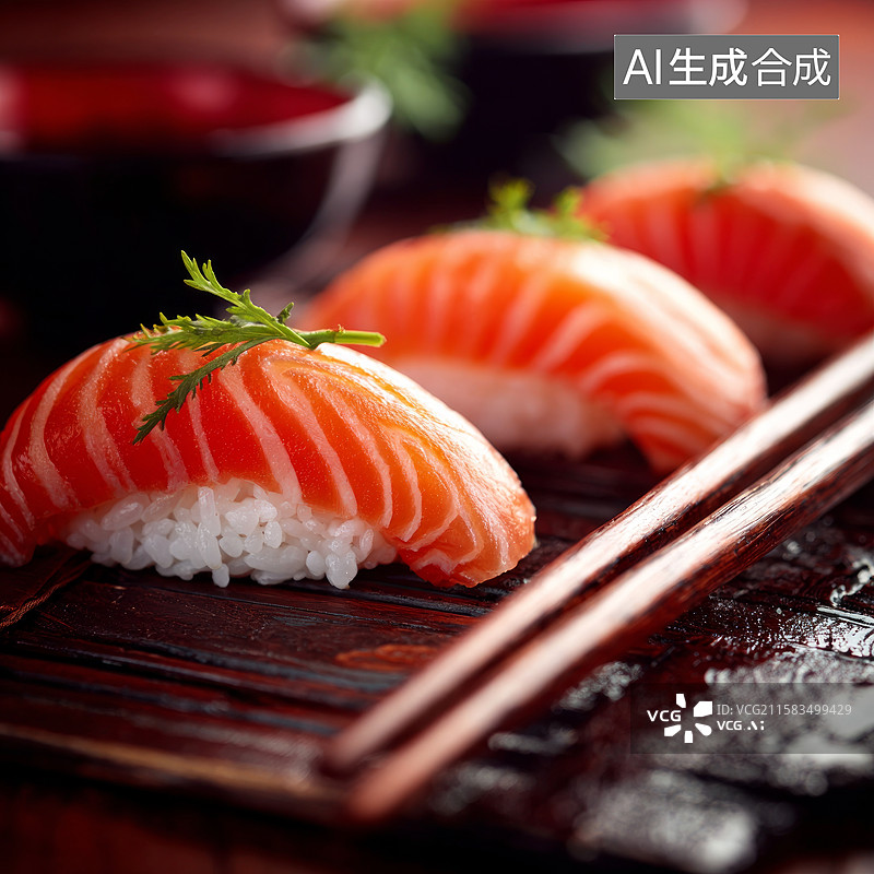 【AI数字艺术】新鲜三文鱼握寿司配竹帘图片素材