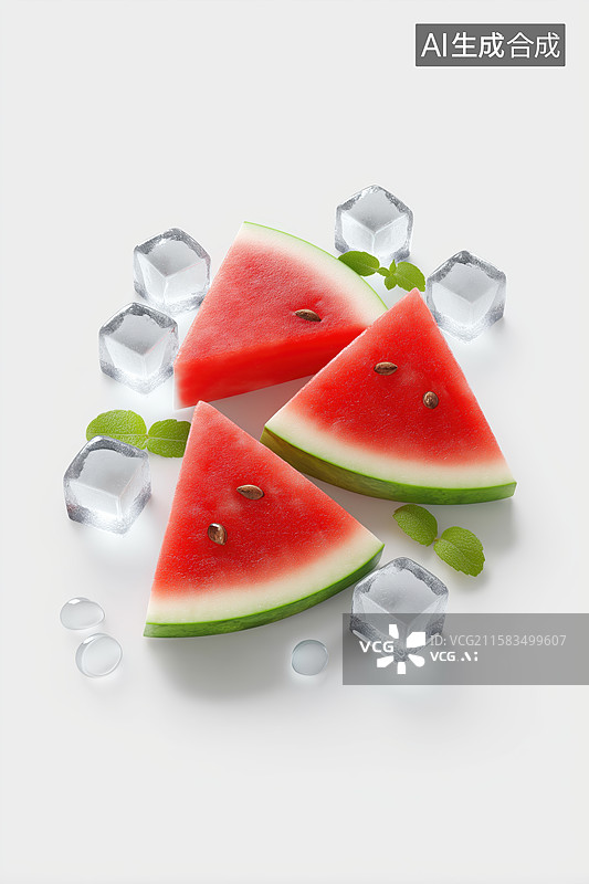 【AI数字艺术】西瓜切片与冰块的清新组合图片素材