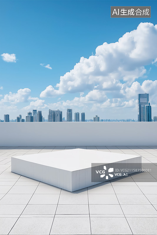 【AI数字艺术】城市天际线前的白色立方体平台图片素材