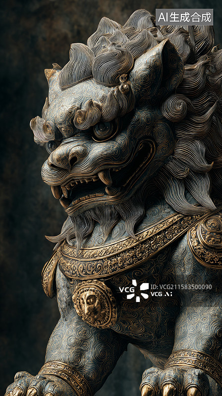 【AI数字艺术】传统中国守护石狮雕像，饰有精美细节图片素材