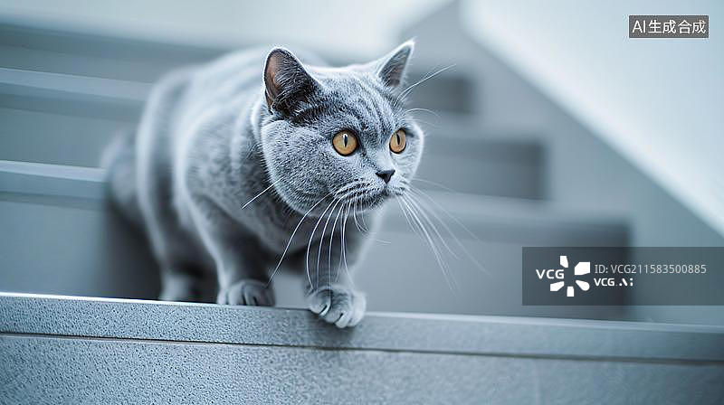 【AI数字艺术】萌宠蓝猫的优雅步伐   猫咪的楼梯探险记   一只灰色的蓝猫正在楼梯上走着图片素材